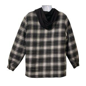 RQQBA Womens Plaid Front Zip Plaid Hood Jacket Size L Black White Front Pockets